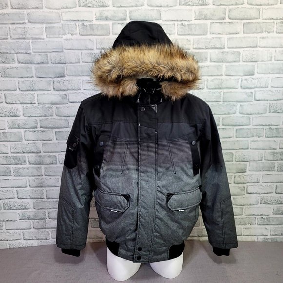 NOIZE Mens XL‎ Danshore Grey Faux Fur Hooded Insulated Bomber Jacket Winter - Picture 1 of 10